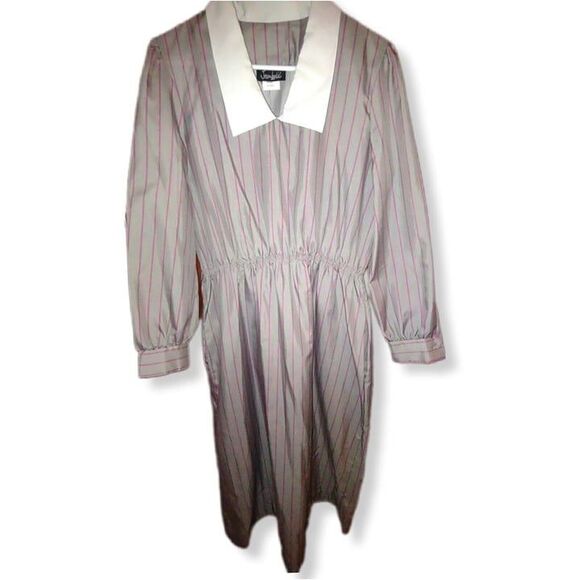 5/$25 Sz 14 Vintage Gray Pink Striped Shirt Dress Jean Leslie White Dart Collar - Picture 1 of 11
